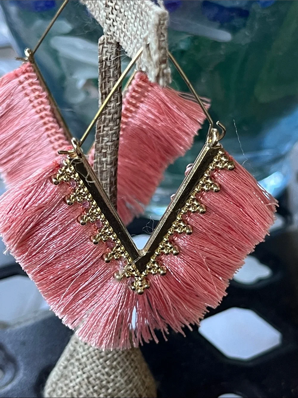 Pink Tassel Fringe Drop Earrings, pierced